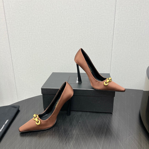Saint Laurent HIGH PUMPS IN TOFFEE BROWN SILK ATTACHED GOLD CHAIN