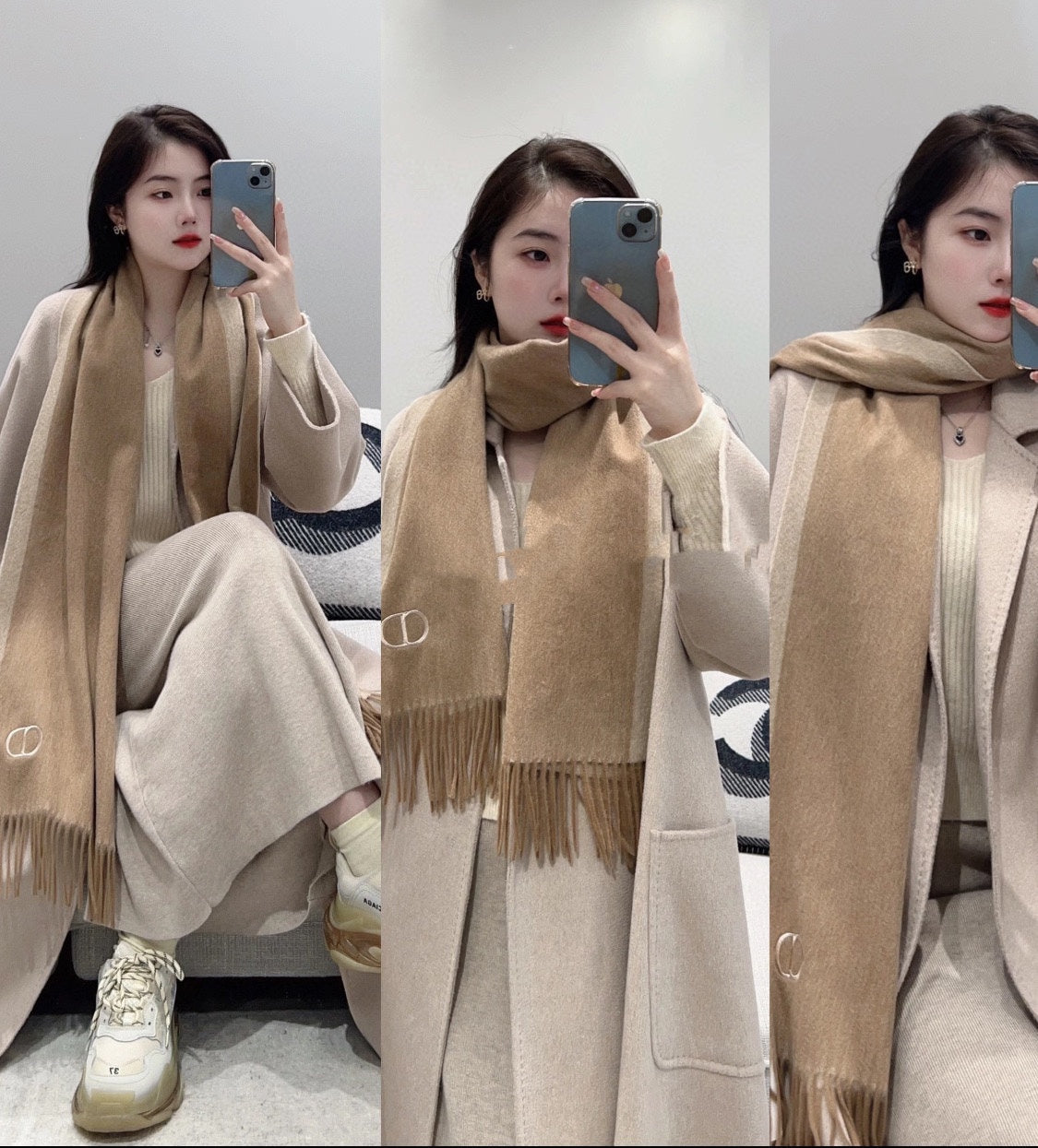 DIOR SCARF 180 CM IN CAMEL BEIGE CASHMERE AND WOOL 408838