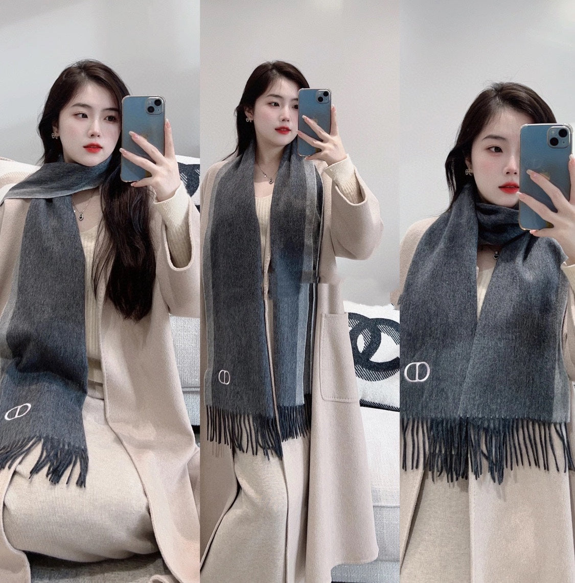 DIOR SCARF 180 CM IN MOUSE GRAY CASHMERE AND WOOL 408840