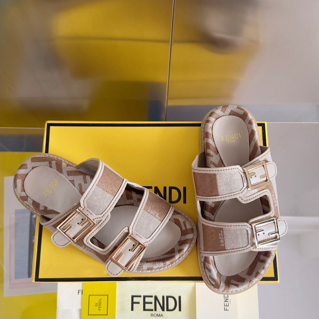 FENDI FENDI DAD SANDAL IN WHITE MIX CIDER BROWN MONOGRAM JACQUARD FABRIC