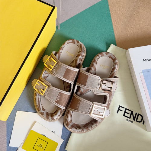 FENDI FF Feel Light Brown Grey Canvas Slide