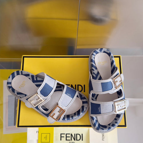 FENDI FENDI DAD SANDAL IN NAVY BLUE MIX WHITE MONOGRAM JACQUARD FABRIC