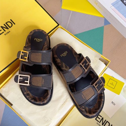 FENDI FENDI DAD SANDAL IN MOCHA BROWN MIX BLACK MONOGRAM JACQUARD FABRIC