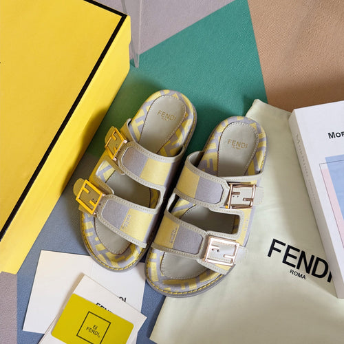 FENDI FF Feel Yellow Grey Canvas Slide