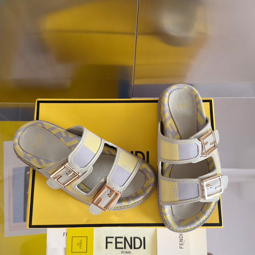 FENDI FENDI DAD SANDAL IN YELLOW MIX LIGHT PURPLE CANVAS WITH GOLD HARDWARE
