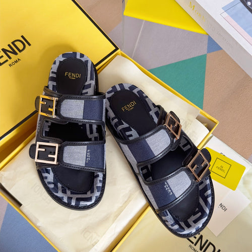 FENDI FENDI DAD SANDAL IN NAVY BLUE MIX LIGHT GREY CANVAS WITH GOLD HARDWARE