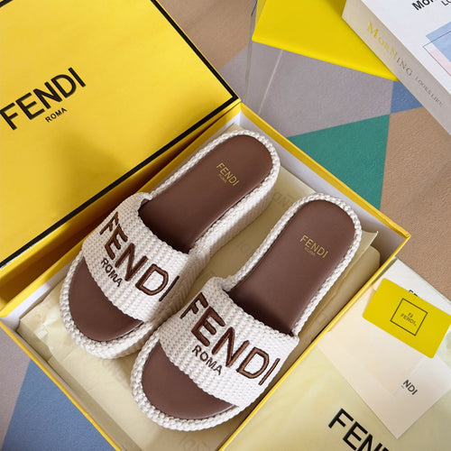 FENDI FF Sunshine 65 White Cotton Brown Leather Fibre Flatform Slide