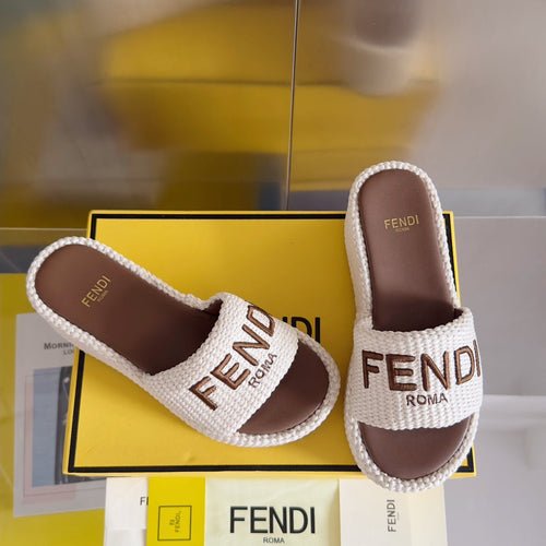 FENDI FENDI PLATFORM WEDGES IN WHITE RAFFIA WITH BROWN EMBROIDERED LOGO