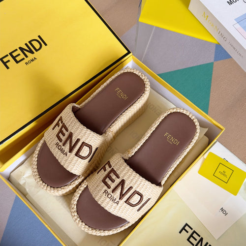 FENDI FF Sunshine 65 Beige Cotton Brown Leather Fibre Flatform Slide