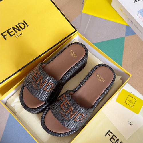 FENDI FF Sunshine 65 Chocolate Cotton Brown Leather Fibre Flatform Slide