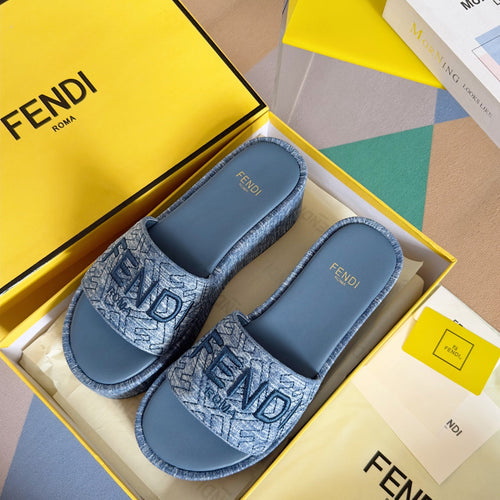 FENDI FF Monogram Sunshine 65 Blue Sky Fabric Slide