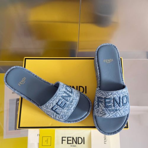 FENDI FENDI PLATFORM WEDGES IN STEEL BLUE JACQUARD FABRIC WITH EMBROIDERED LOGO