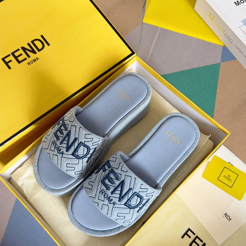 FENDI FF Monogram Sunshine 65 Light Blue Fabric Slide