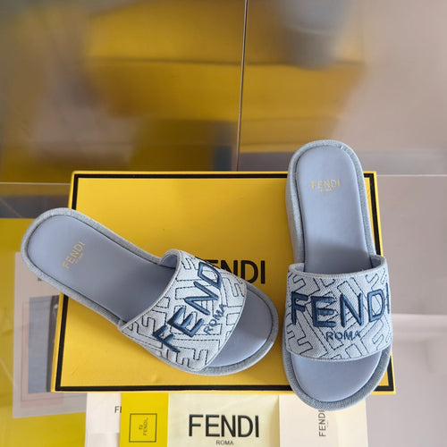 FENDI FENDI PLATFORM WEDGES IN PIGEON BLUE JACQUARD FABRIC WITH EMBROIDERED LOGO