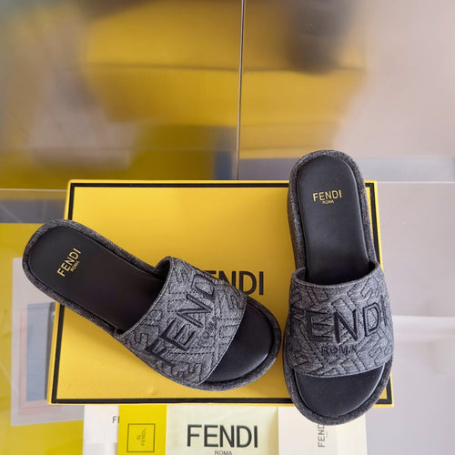 FENDI FENDI PLATFORM WEDGES IN BLACK JACUARD FABRIC WITH BLACK EMBROIDERED LOGO