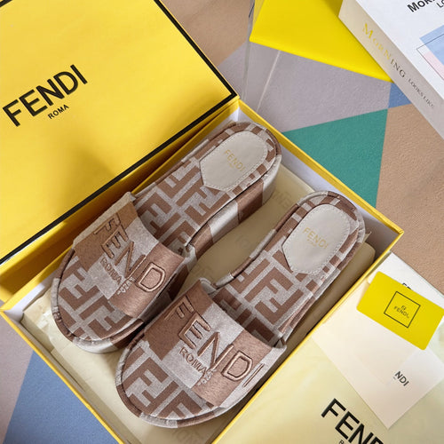 FENDI FF Sunshine 65 Light Brown Grey Canvas Flatform Slide