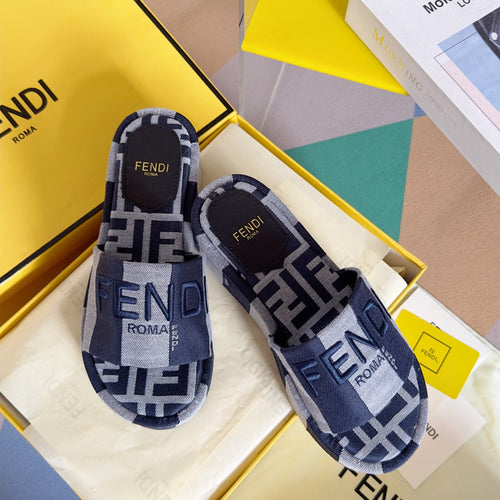 FENDI FENDI PLATFORM WEDGES IN AEGEAN BLUE MIX WHITE FF MONOGRAM FABRIC