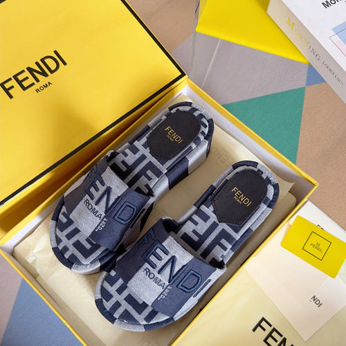 FENDI FF Sunshine 65 Blue Dark Grey Canvas Flatform Slide