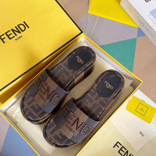 FENDI FF Sunshine 65 Black Brown Canvas Flatform Slide