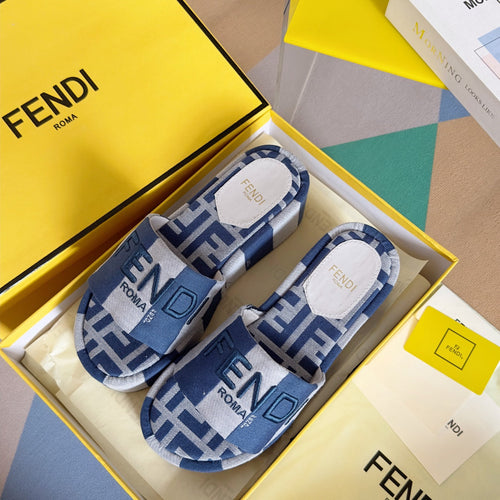 FENDI FF Sunshine 65 Blue Grey Canvas Flatform Slide