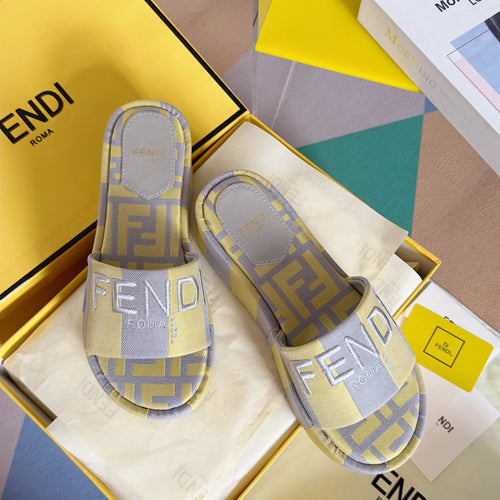 FENDI FENDI PLATFORM WEDGES IN LIGHT YELLOW MIX GREY FF MONOGRAM FABRIC