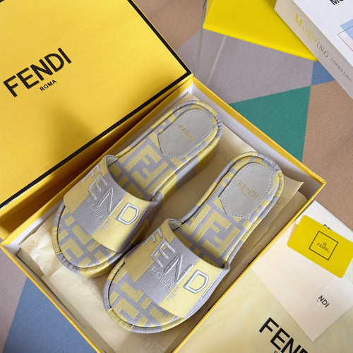 FENDI FF Sunshine 65 Yellow Grey Canvas Flatform Slide