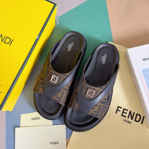 FENDI FENDI DIAGONAL ONE-STRAP SLIDE IN BLACK MIX BROWN MONOGRAM CALFSKIN