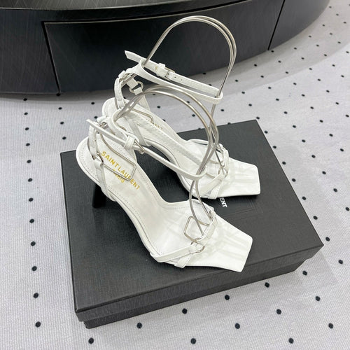 Saint Laurent SL ANKLE-BUCKLE HEELED SANDALS WHITE CALFSKIN