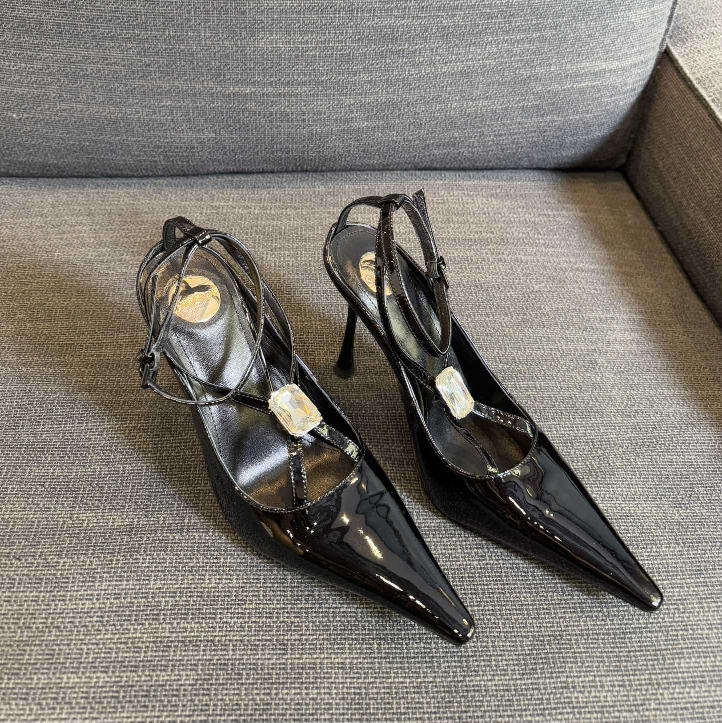 Saint Laurent HIGH SANDAL ATTACHED GEM IN BLACK GLOSSY CALFSKIN