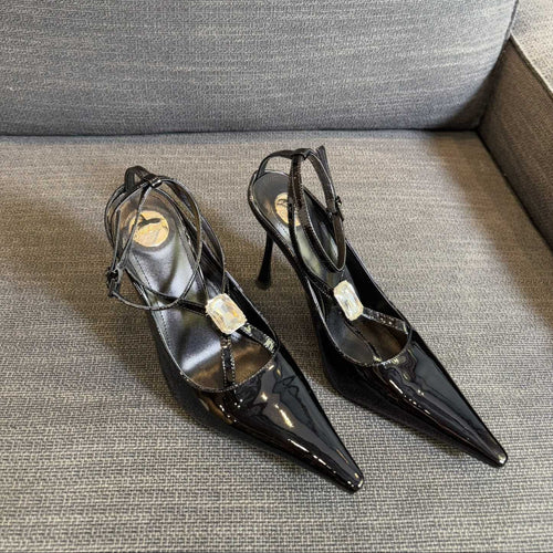 Saint Laurent HIGH SANDAL ATTACHED GEM IN BLACK GLOSSY CALFSKIN