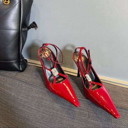 Saint Laurent HIGH SANDAL ATTACHED GEM IN RED GLOSSY CALFSKIN