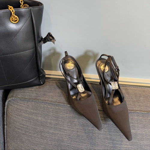 Saint Laurent HIGH SANDAL ATTACHED GEM IN BLACK SILK