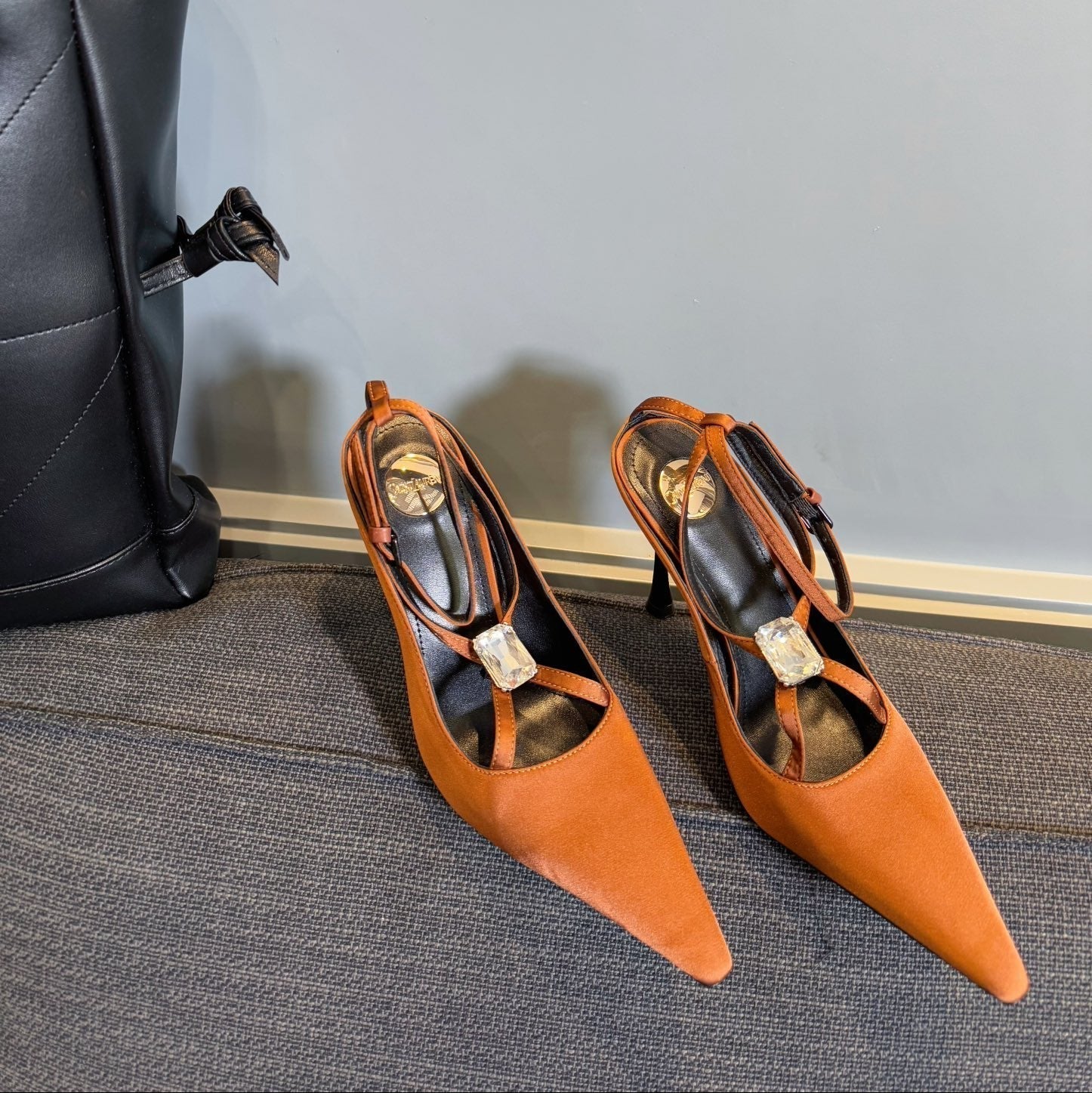 Saint Laurent HIGH SANDAL ATTACHED GEM IN TANGELO ORANGE SILK