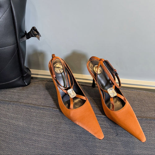 Saint Laurent HIGH SANDAL ATTACHED GEM IN TANGELO ORANGE SILK