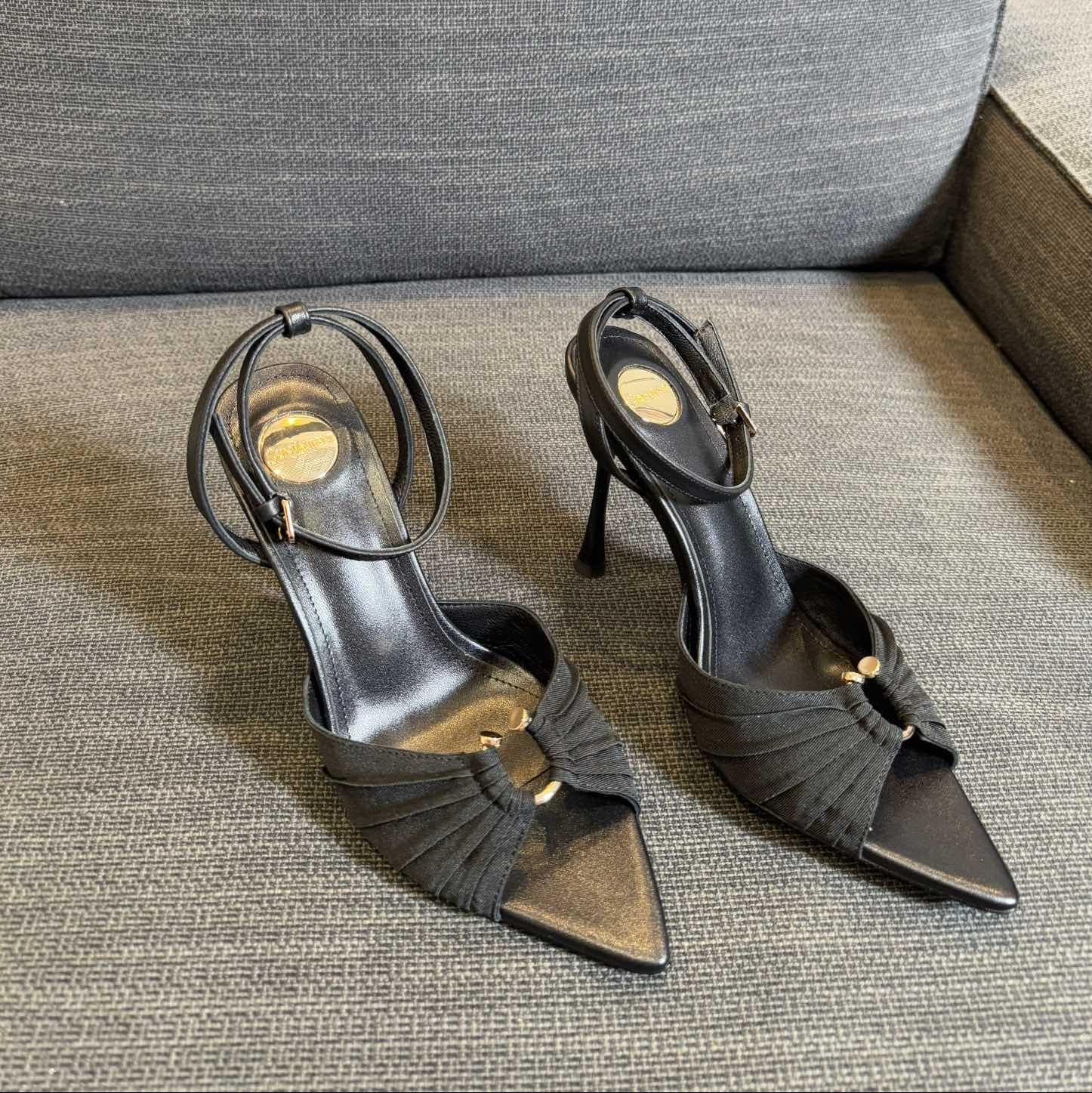 Saint Laurent LOLA HIGH SANDALS IN BLACK SMOOTH LAMBSKIN AND DRAPED JERSEY