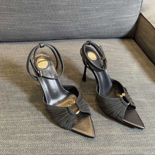 Saint Laurent LOLA HIGH SANDALS IN BLACK SMOOTH LAMBSKIN AND DRAPED JERSEY