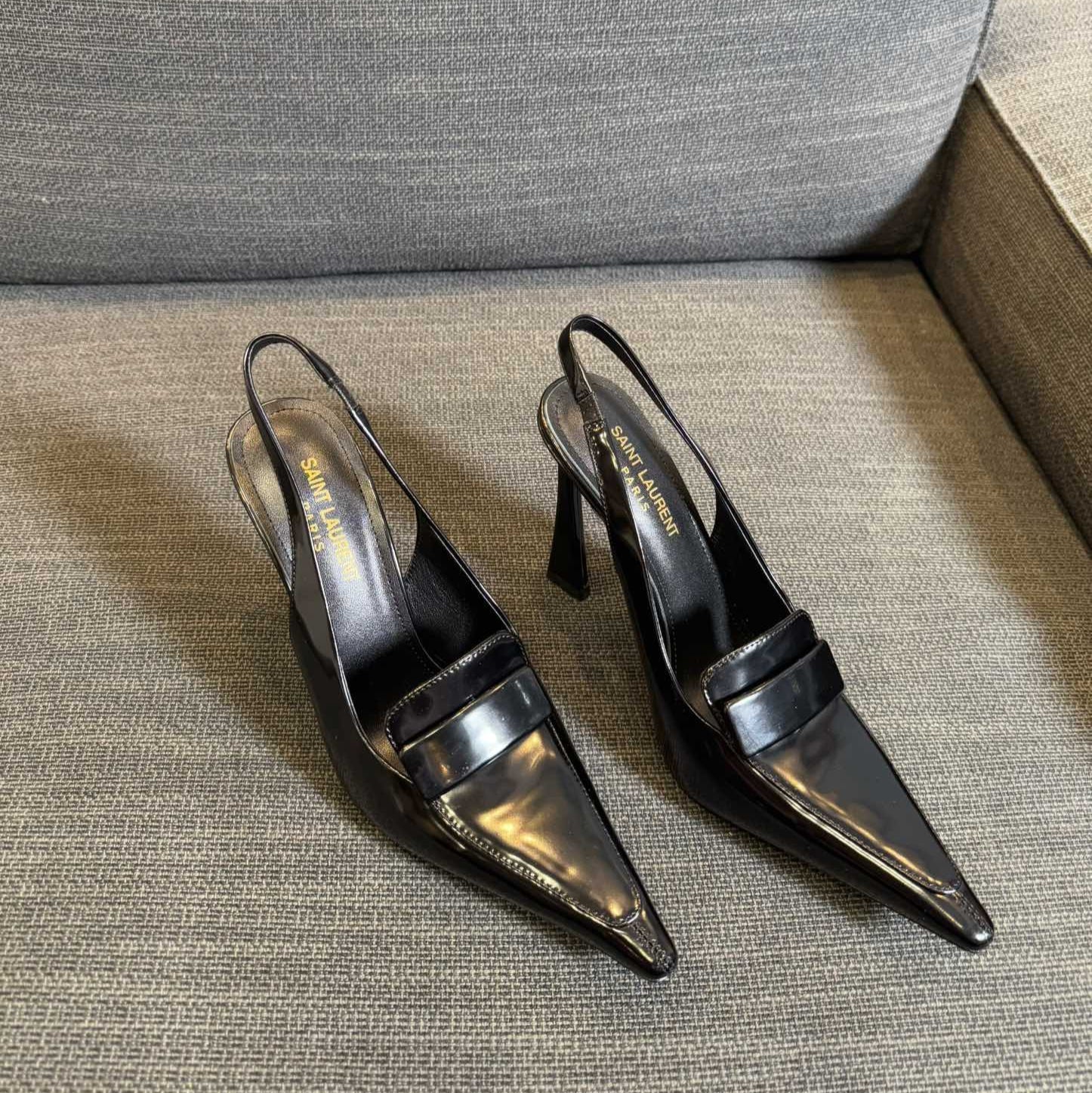 Saint Laurent POINTED-TOE SLINGBACK PUMPS IN BLACK SHINY CALFSKIN