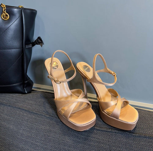 Saint Laurent DEBBIE PLATFORM SANDALS IN BEIGE SATIN