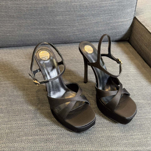 Saint Laurent DEBBIE PLATFORM SANDALS IN BLACK SATIN
