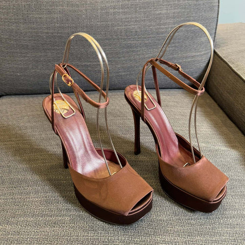 Saint Laurent LA SCANDALE PLATFORM SANDALS IN DARK CAPPUCCINO SATIN