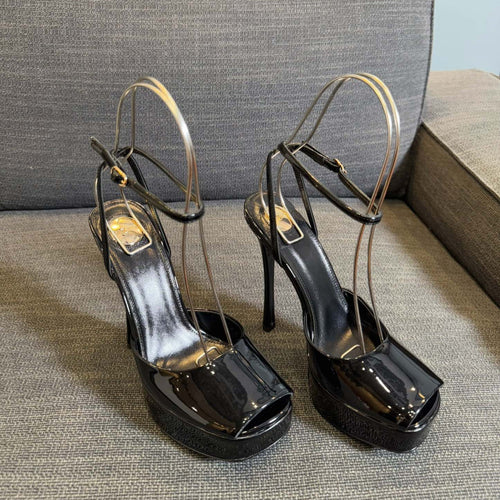 Saint Laurent LA SCANDALE PLATFORM SANDALS IN BLACK GLOSSY CALFSKIN