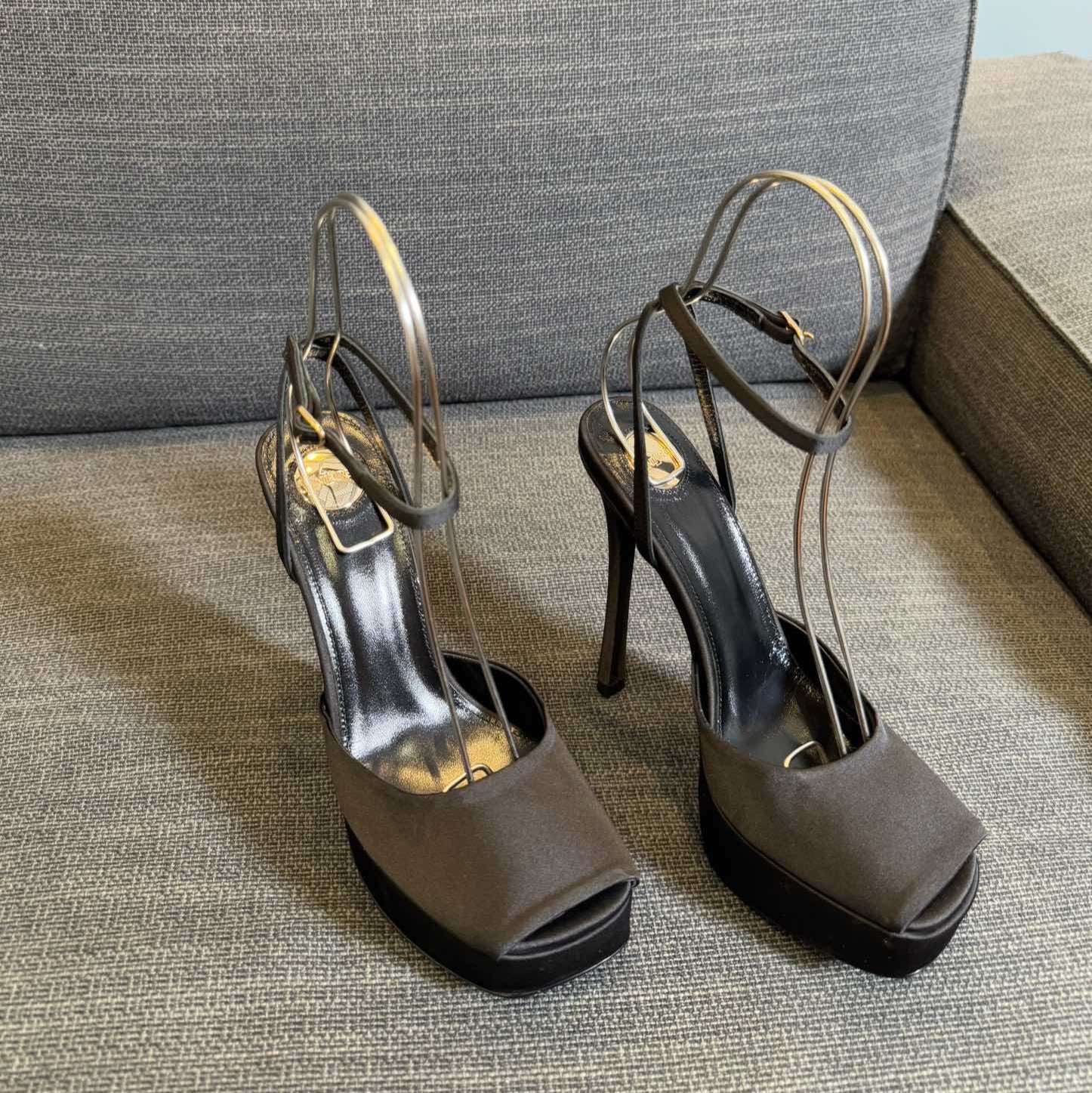 Saint Laurent LA SCANDALE PLATFORM SANDALS IN TAUPE BROWN SATIN