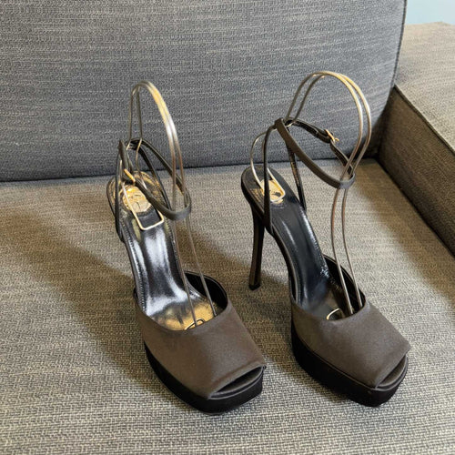 Saint Laurent LA SCANDALE PLATFORM SANDALS IN TAUPE BROWN SATIN