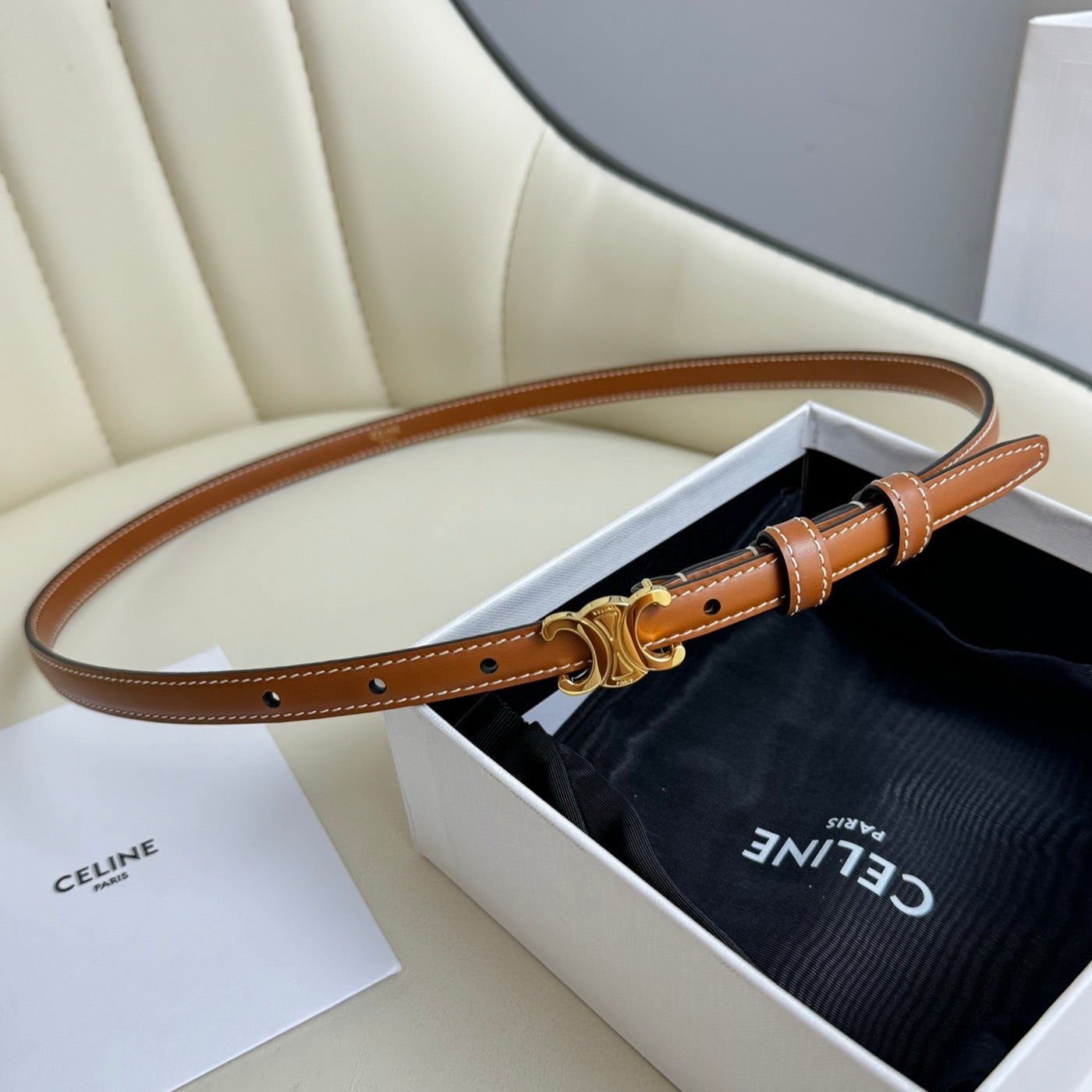 Celine MINI TRIOMPHE BELT 13 MM BRONZE BROWN LEATHER GOLD HARDWARE