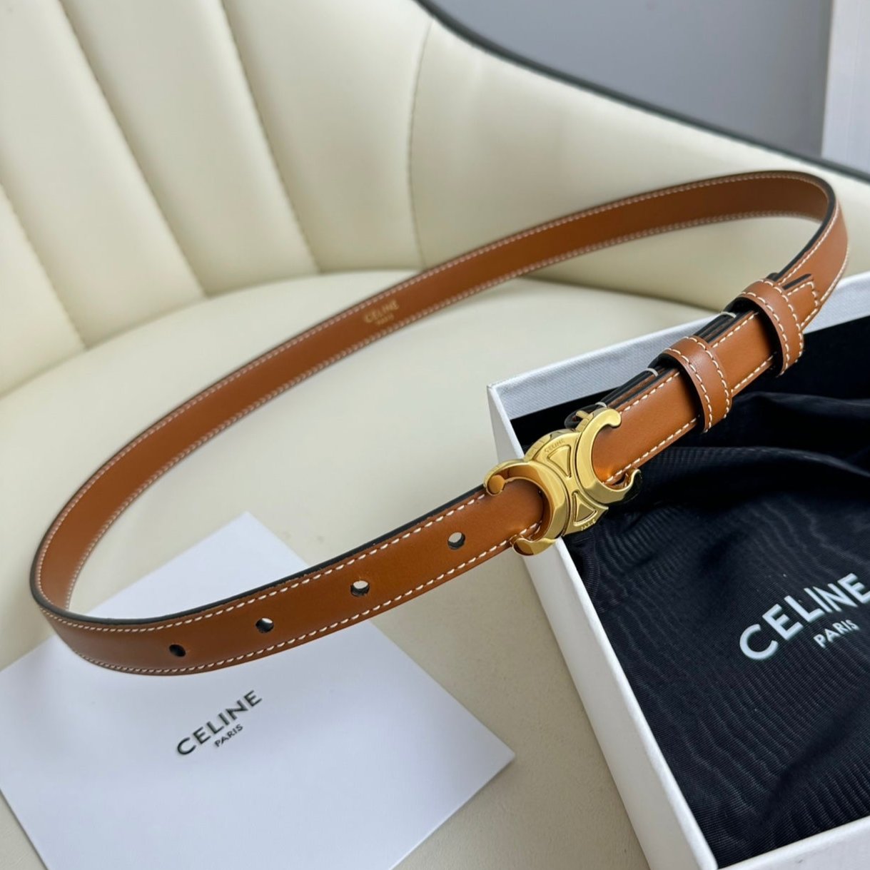 Celine SMALL TRIOMPHE BELT 18 MM BRONZE BROWN LEATHER GOLD HARDWARE