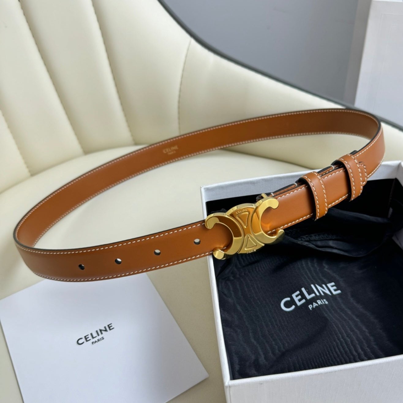 Celine MEDIUM TRIOMPHE BELT 25MM BRONZE BROWN LEATHER GOLD HARDWARE