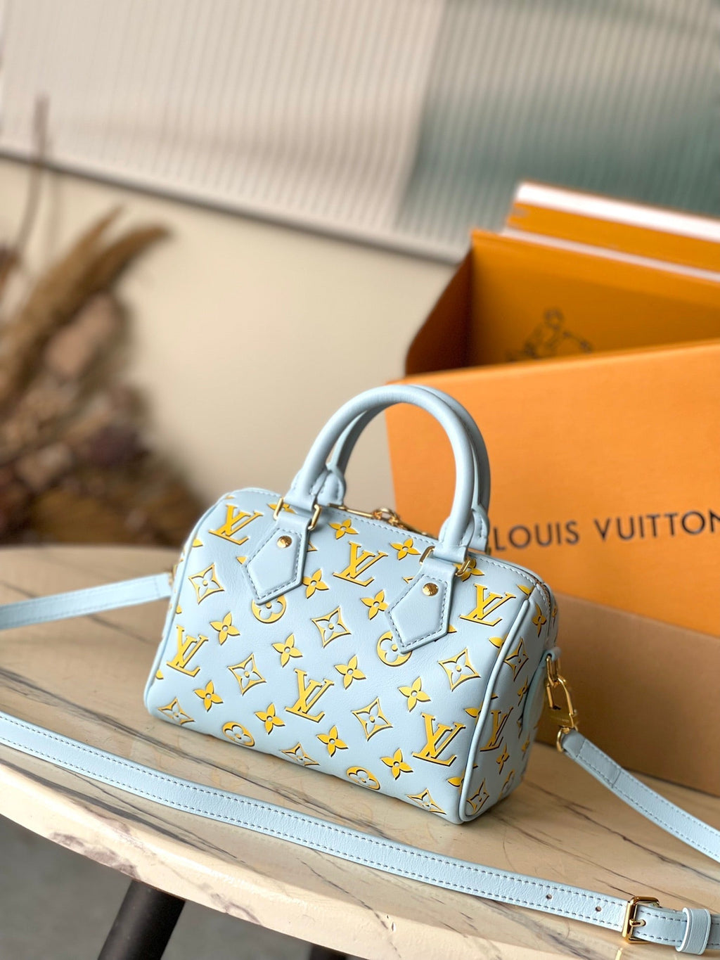 Louis Vuitton SPEEDY BANDOULIÈRE 20 IN SKY YELLOW MONOGRAM CALFSKIN GOLD BUCKLE