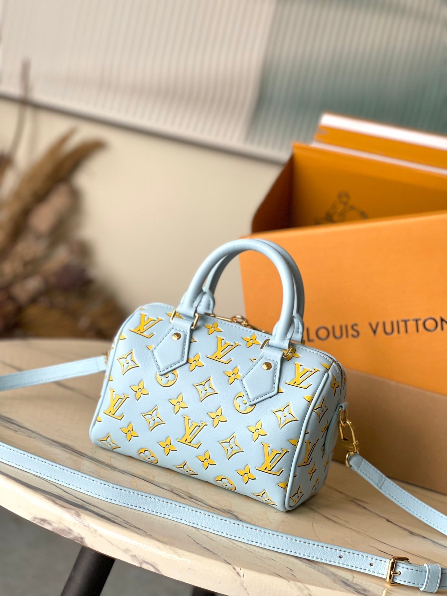 Louis Vuitton SPEEDY BANDOULIÈRE 20 IN SKY YELLOW MONOGRAM CALFSKIN GOLD BUCKLE