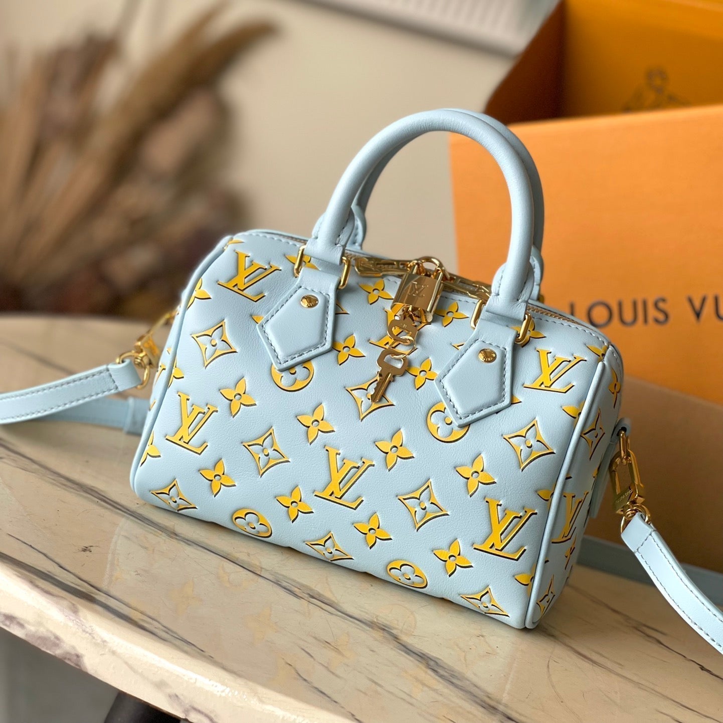 Louis Vuitton SPEEDY BANDOULIÈRE 20 IN SKY YELLOW MONOGRAM CALFSKIN GOLD BUCKLE