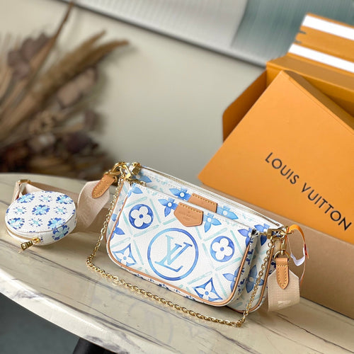 Louis Vuitton MULTI POCHETTE ACCESSOIRES 24 IN LAGOON BLUE MONOGRAM TILES CANVAS GOLD HARDWARE